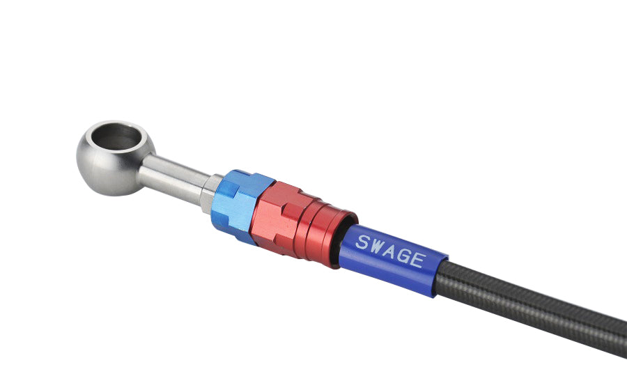 PLOT SWAGE-LINE PRO FRONT BRAKE HOSE KIT TRI-PIECE RED AND BLUE ALUMINUM FITTINGS BLACK SMOKE HOSE FOR KAWASAKI ZX-6R RR SAPB717FT